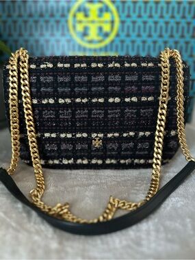 Tory Burch Emerson Tweed Chain Crossbody with Gold Hardware